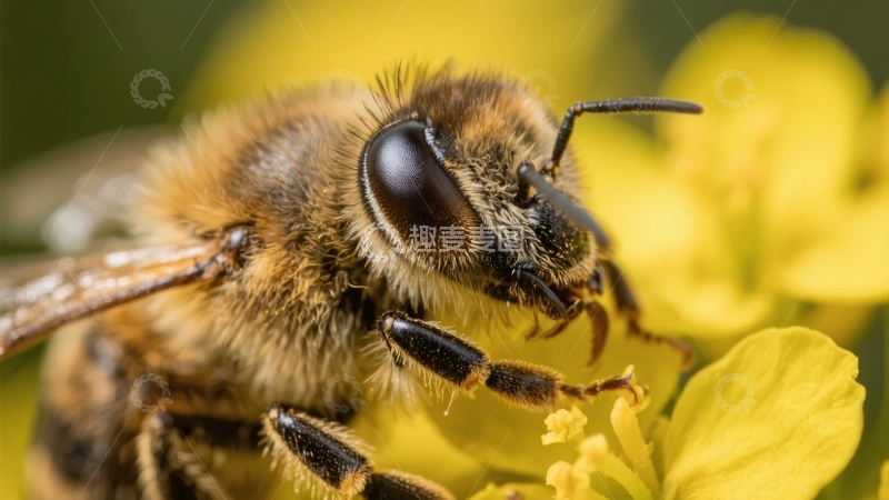 蜜蜂在黄色花朵上采集花蜜的特写镜头
