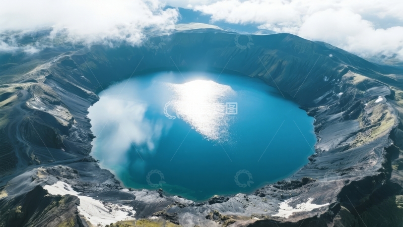 高清大图下载【趣麦麦图】火山口湖碧蓝水面映射阳光