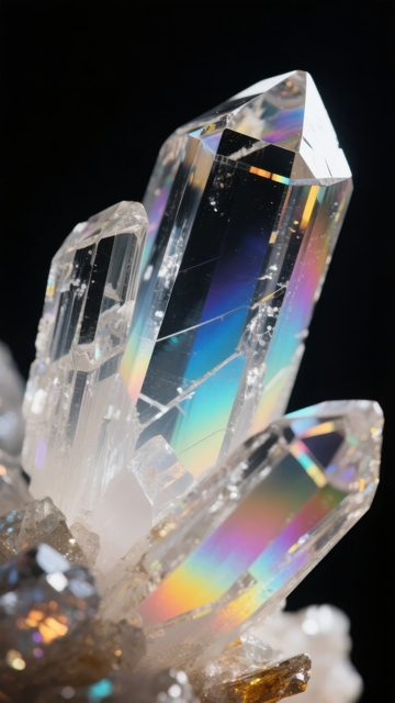 透明水晶簇在黑色背景下的彩虹光泽特写