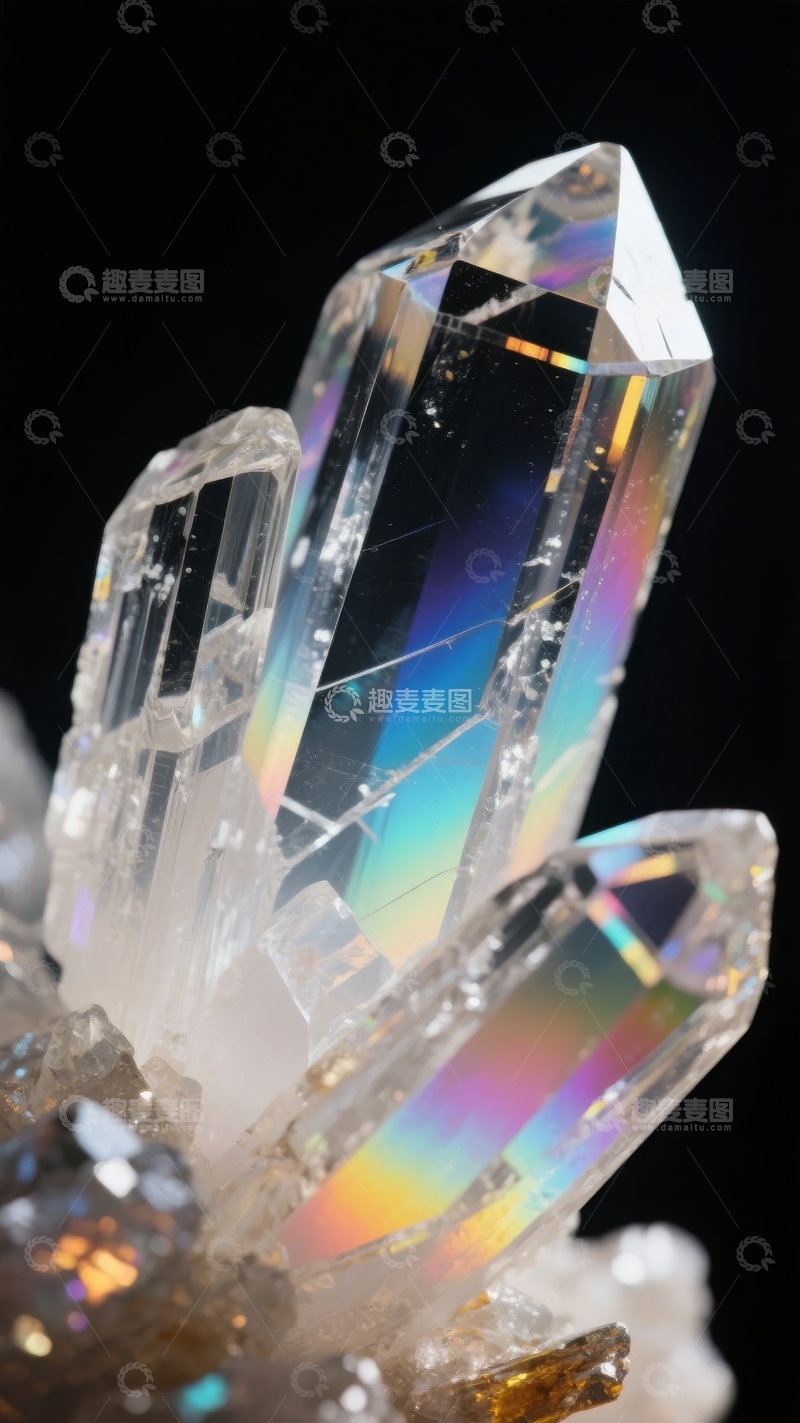 高清大图下载【趣麦麦图】透明水晶簇在黑色背景下的彩虹光泽特写