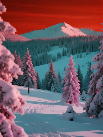 雪覆松林映红日的冬日山景