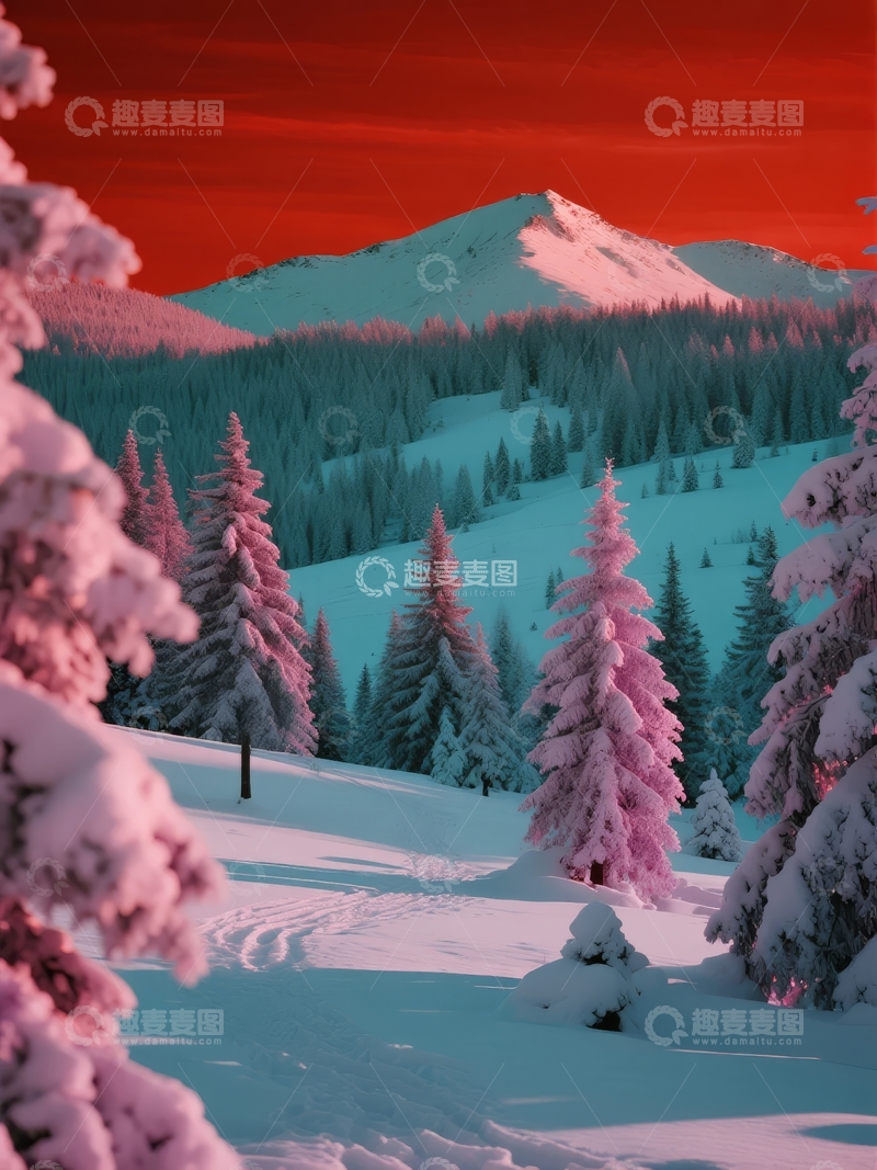 高清大图下载【趣麦麦图】雪覆松林映红日的冬日山景