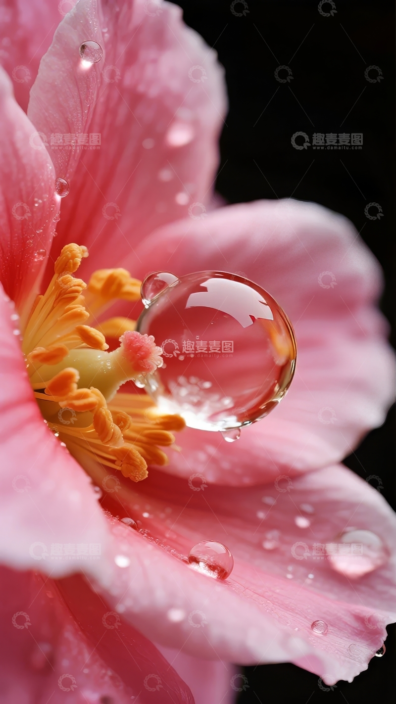 高清大图下载【趣麦麦图】粉色花朵上的水滴特写黑色背景