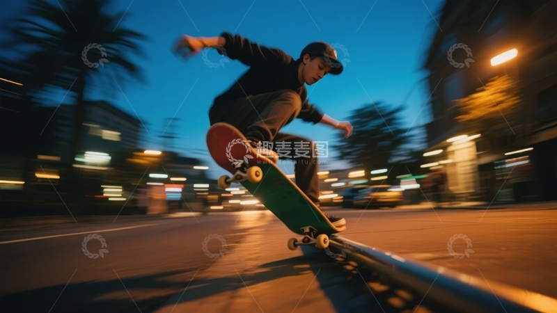 高清大图下载【趣麦麦图】夜晚街头滑板少年在栏杆上表演高难度动作