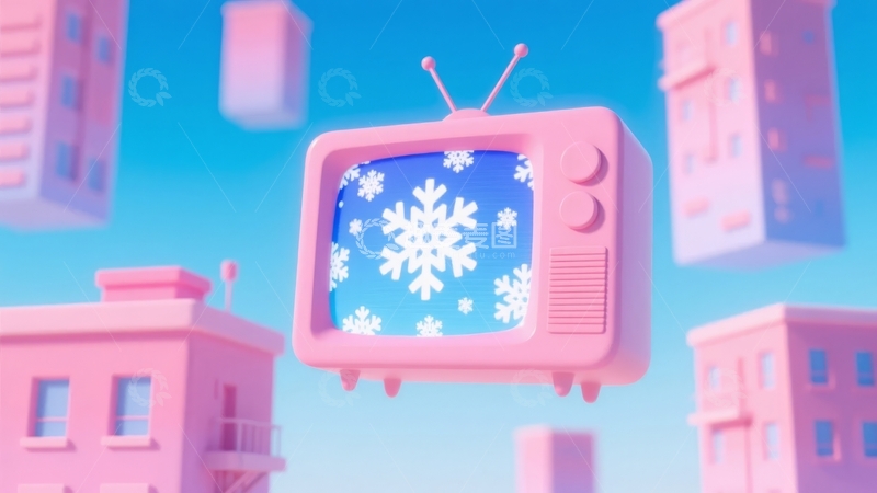 高清大图下载【趣麦麦图】粉色复古电视机显示雪花图案悬浮于城市建筑之上