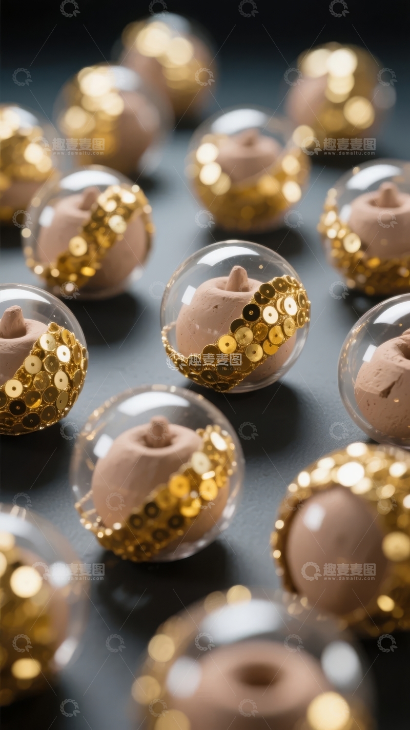 高清大图下载【趣麦麦图】透明球内装有金色亮片和米色圆柱体的装饰品特写