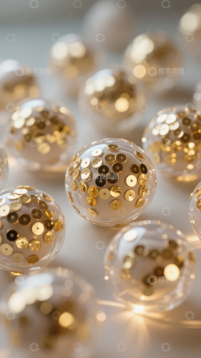 高清大图下载【趣麦麦图】金色亮片装饰球在柔和光线下闪耀