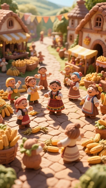 微型乡村集市热闹场景人物与丰收果实