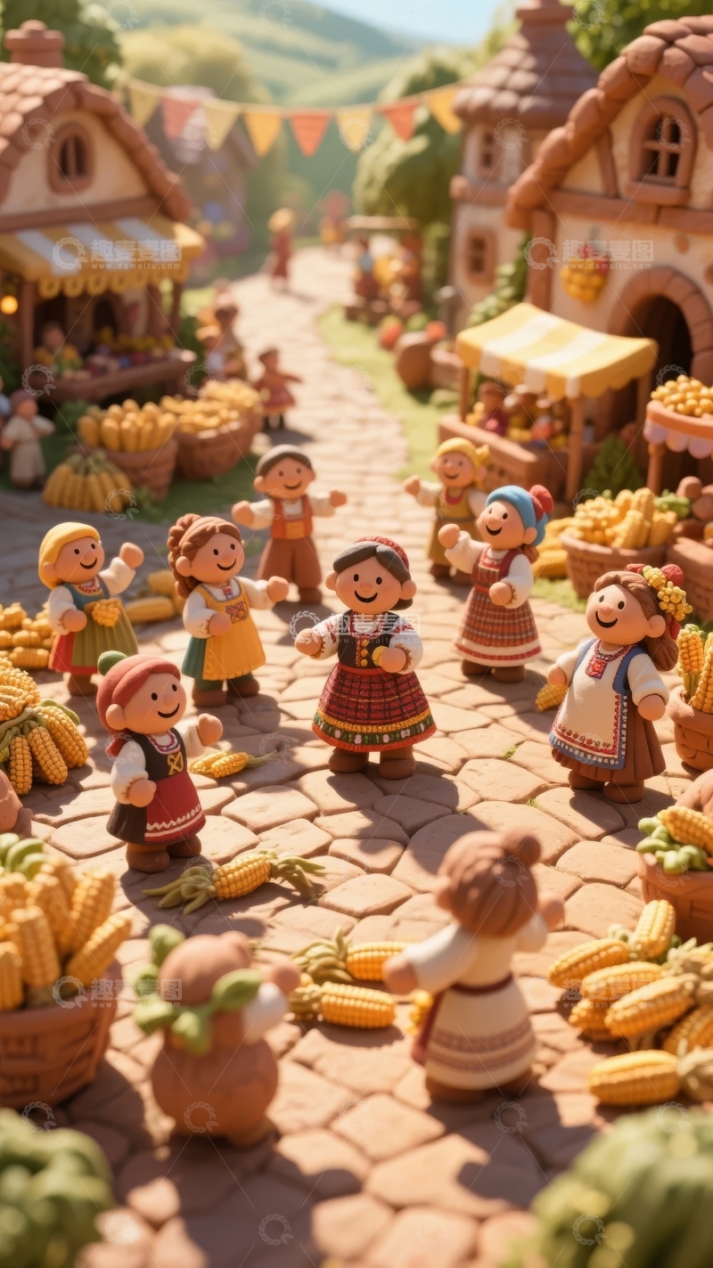 高清大图下载【趣麦麦图】微型乡村集市热闹场景人物与丰收果实