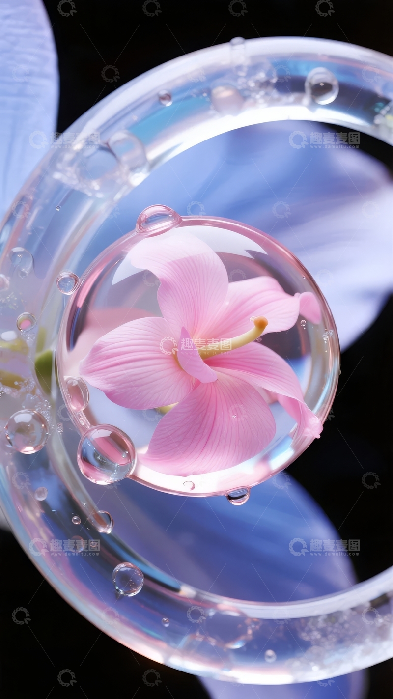 高清大图下载【趣麦麦图】粉色花朵被透明液体包裹的静谧特写