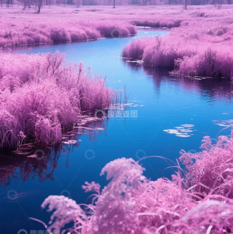 高清大图下载【趣麦麦图】紫粉色植被环绕的蓝色溪流景观
