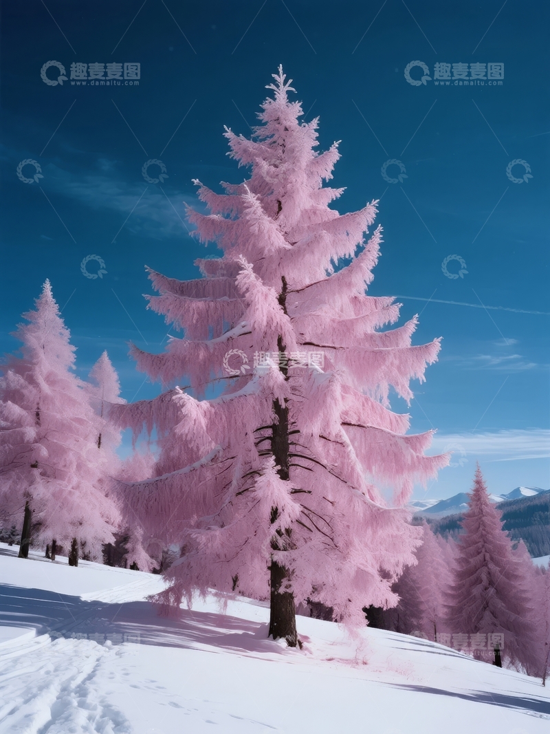 高清大图下载【趣麦麦图】雪地粉红松树映衬深蓝夜空的奇幻景象