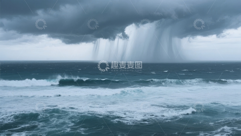 高清大图下载【趣麦麦图】暴风雨中的海洋波涛汹涌雨线倾泻而下