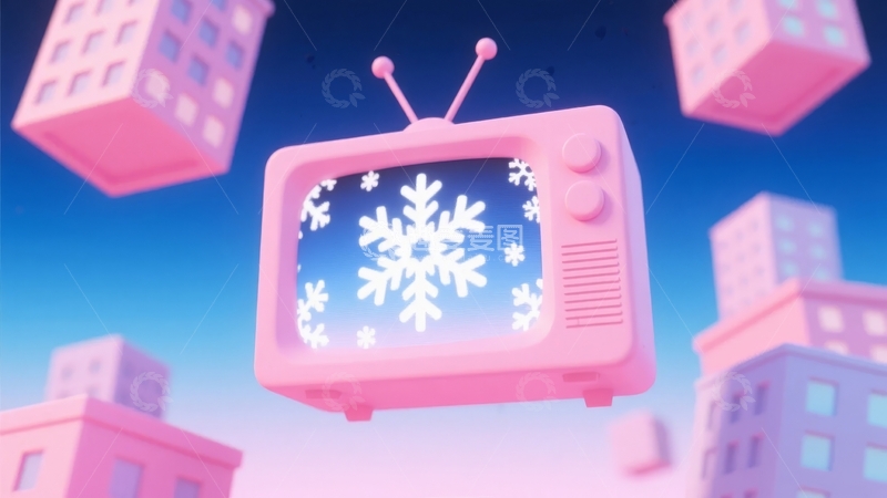 高清大图下载【趣麦麦图】粉色复古电视机显示雪花图案悬浮于城市建筑之上