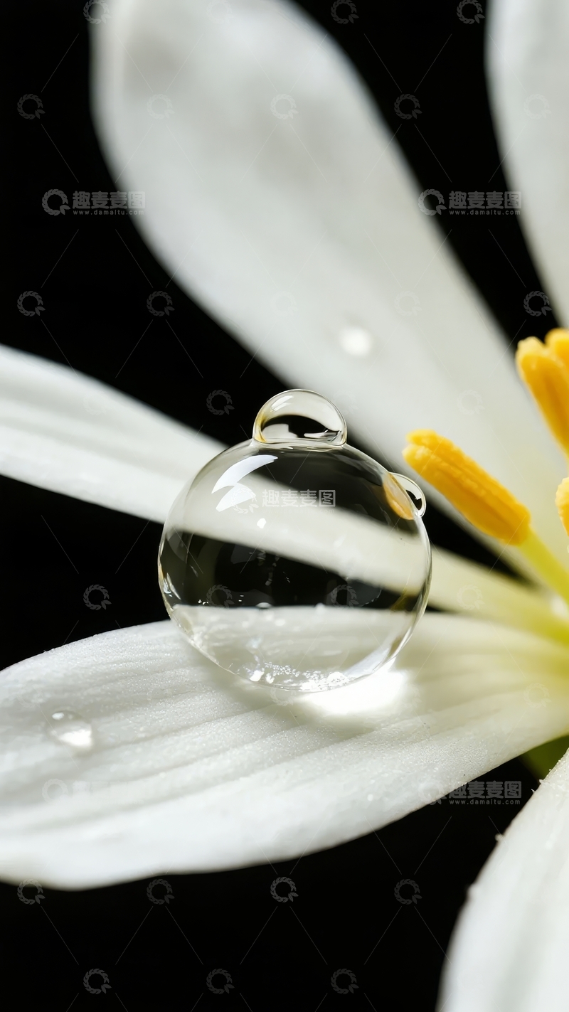 高清大图下载【趣麦麦图】白色花瓣上的水滴特写背景