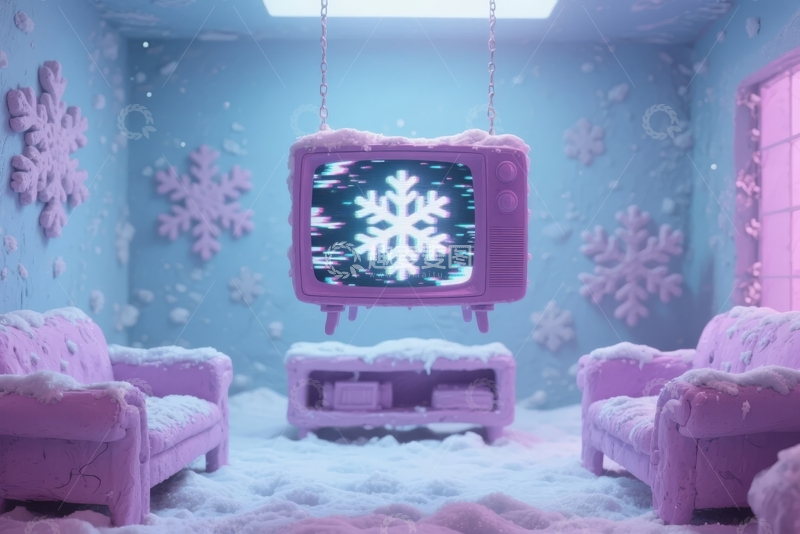 高清大图下载【趣麦麦图】梦幻粉色房间内摆放着复古电视机和沙发