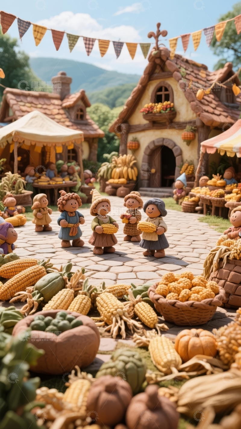 丰收节场景中孩子们在装饰房屋和摊位前欢庆