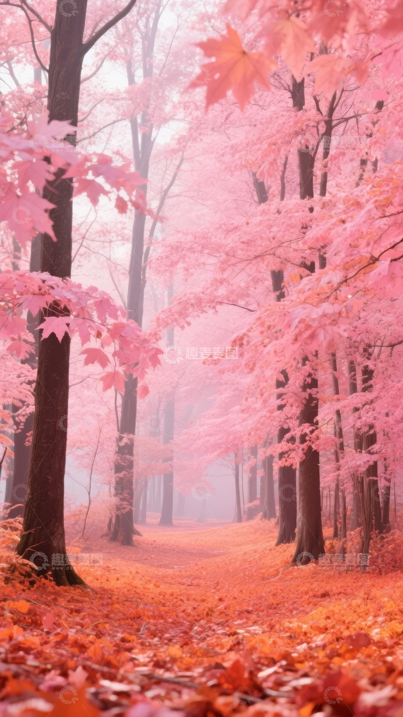 高清大图下载【趣麦麦图】粉色秋林小径落叶铺满地面