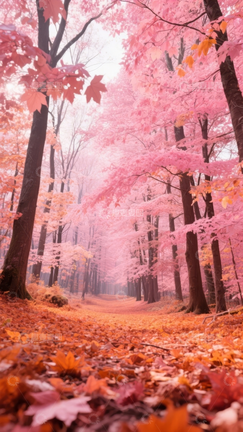 高清大图下载【趣麦麦图】粉色秋叶林小径晨雾弥漫静谧自然风光