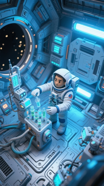 宇航员在太空舱内进行科学实验操作