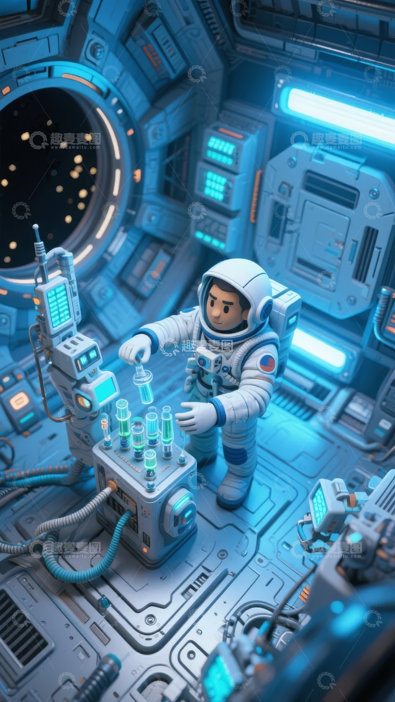 高清大图下载【趣麦麦图】宇航员在太空舱内进行科学实验操作