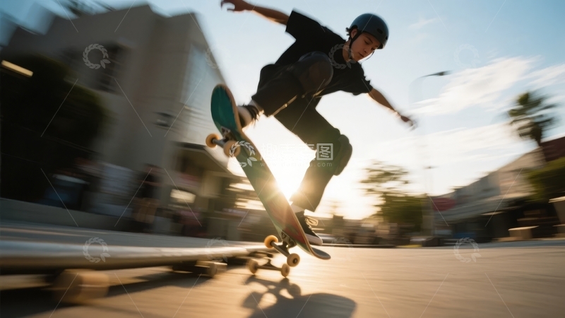 高清大图下载【趣麦麦图】滑板手在夕阳下进行空中动作
