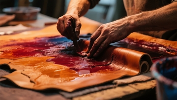 工匠双手正在为皮革上色