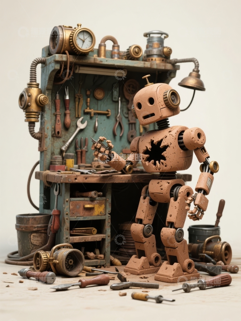 高清大图下载【趣麦麦图】复古风格机械人模型手持工具摆放在工作台