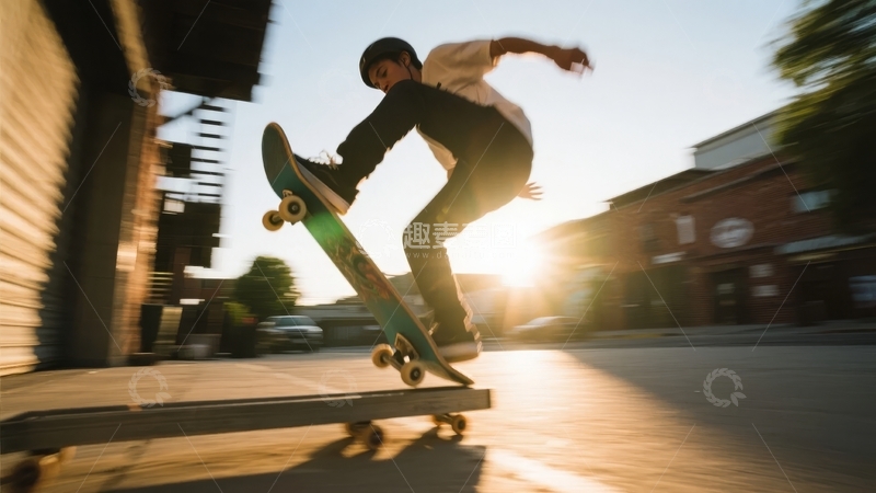 高清大图下载【趣麦麦图】夕阳下滑板手在城市街道上进行空中动作
