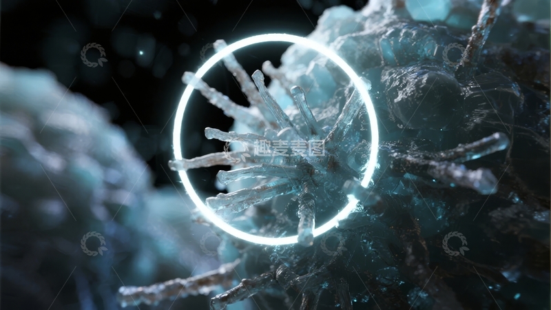 高清大图下载【趣麦麦图】发光圆环环绕冰晶状物体的抽象艺术图像