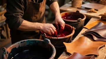 工匠在木桌上为皮革染色