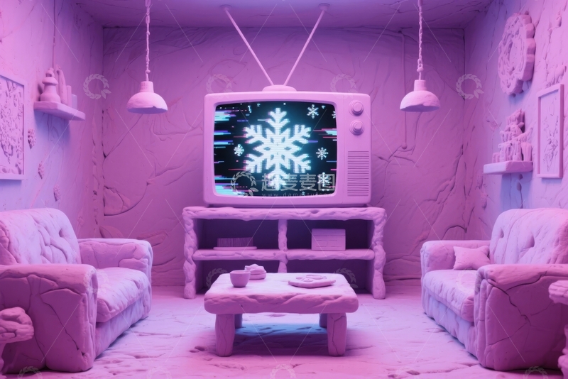 高清大图下载【趣麦麦图】复古风格客厅中电视机播放雪花图案的场景