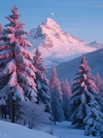 雪覆松林映雪山月色静谧美景