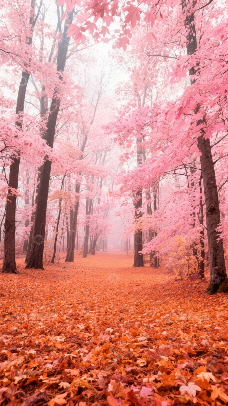 高清大图下载【趣麦麦图】粉色树木林荫道雾气弥漫的梦幻森林景象