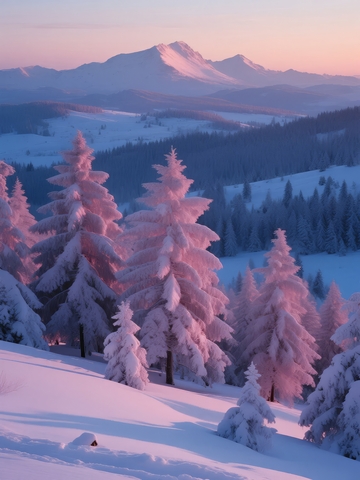 雪覆松林远眺雪山冬日静谧美景