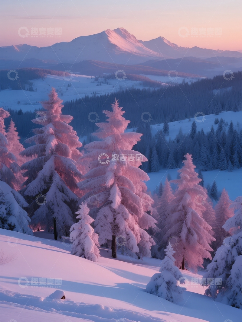 高清大图下载【趣麦麦图】雪覆松林远眺雪山冬日静谧美景