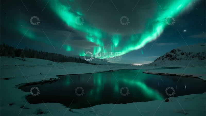 高清大图下载【趣麦麦图】极光映照雪地湖泊夜景