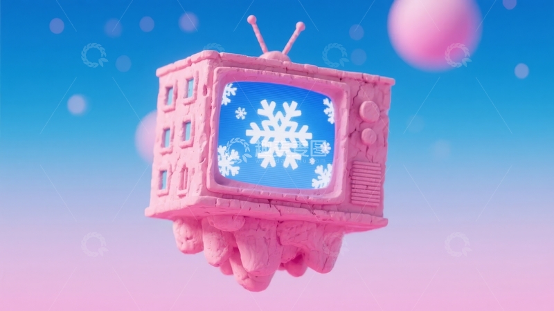 高清大图下载【趣麦麦图】粉色复古电视机悬浮于蓝天背景中显示雪花图案
