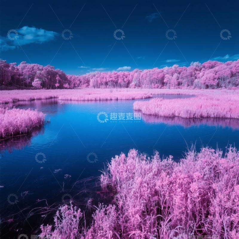 高清大图下载【趣麦麦图】梦幻粉色植被与深蓝湖泊的自然景观