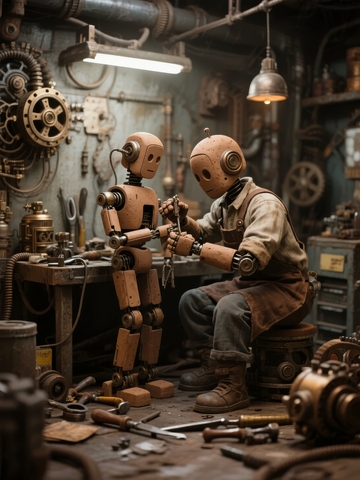 机械师在复古车间修理机器人