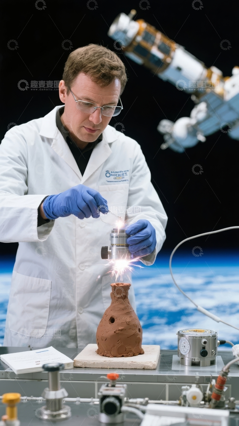 高清大图下载【趣麦麦图】科学家在实验室进行材料实验背景为太空站