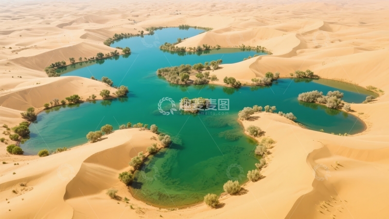 高清大图下载【趣麦麦图】沙漠中的碧绿湖泊与沙丘景观