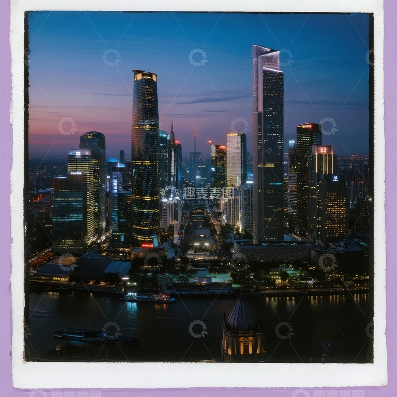 高清大图下载【趣麦麦图】黄昏时分城市天际线高楼林立河畔夜景