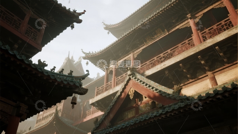 高清大图下载【趣麦麦图】-古色古香的中式建筑群在薄雾中若隐若现