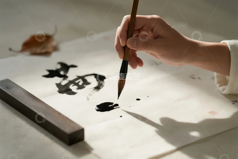 高清大图下载【趣麦麦图】手握毛笔在宣纸上书写书法