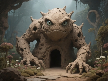 奇幻森林中的巨石怪兽守护着神秘洞穴