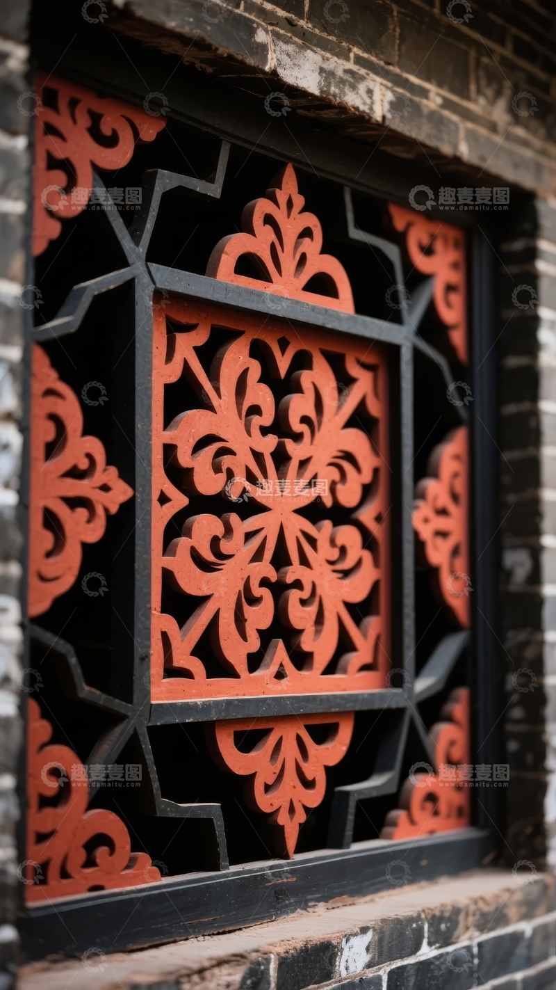 高清大图下载【趣麦麦图】传统建筑中的红色镂空雕花窗格细节