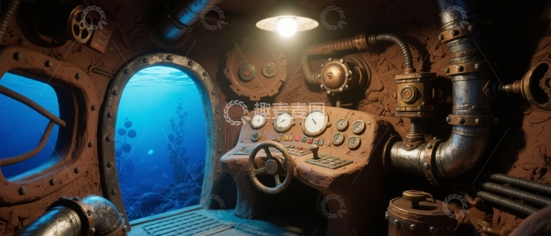 高清大图下载【趣麦麦图】复古风格潜水艇驾驶舱内部视角展现海底世界