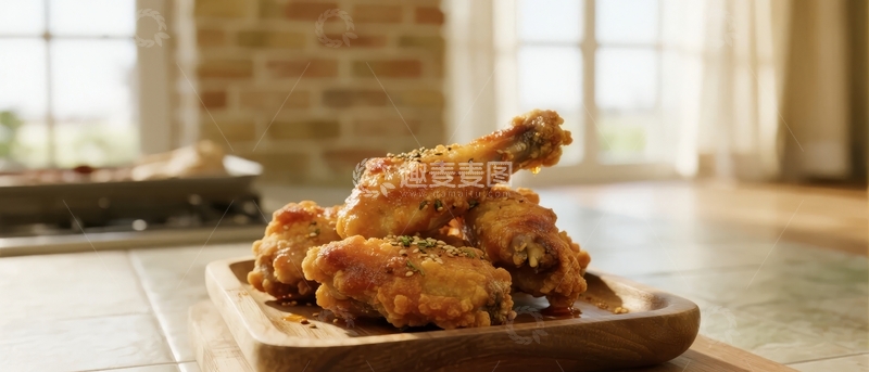 高清大图下载【趣麦麦图】金黄酥脆炸鸡翅堆放在木质托盘上