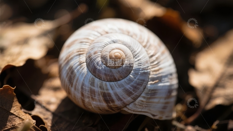 高清大图下载【趣麦麦图】一只蜗牛壳静置于枯叶之上